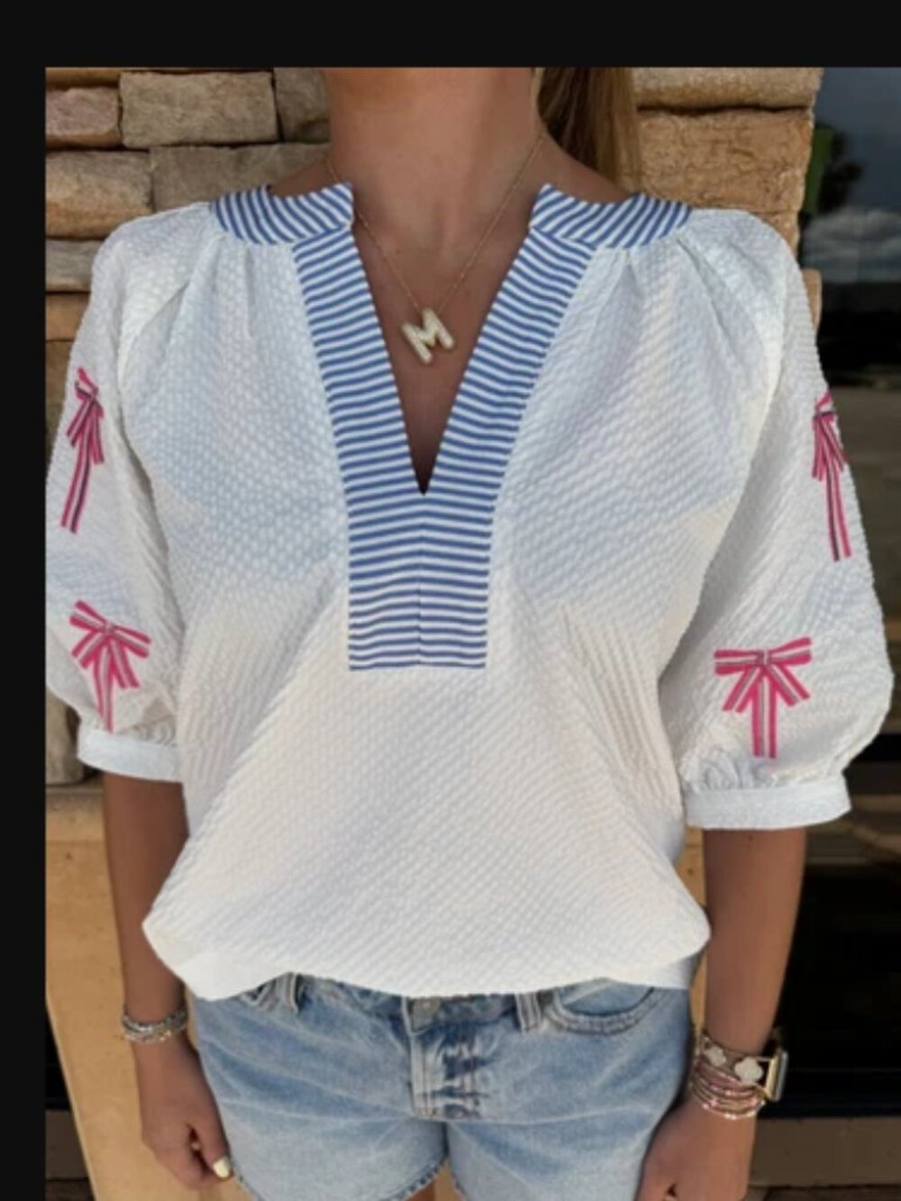 THML Bow Short Sleeve Textured Top White Blue Pink Preppy NWT Sz Sm